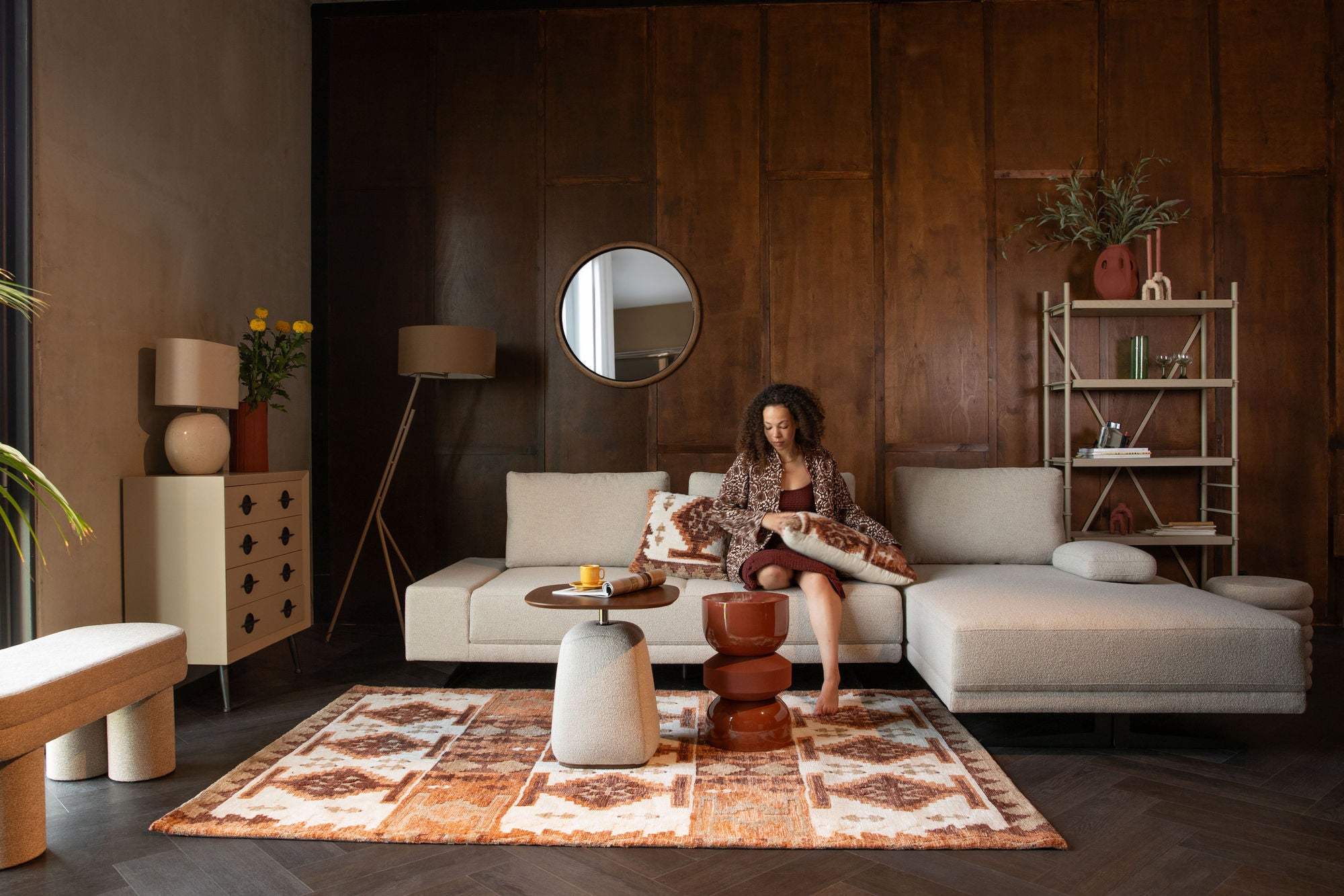 Dutchbone Gale Walnut Brown Wood Round Wall Mirror